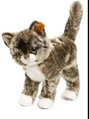 Steiff Plush Kitty Cat Toy in Brown and White Stuffed Cat with Button & Tag